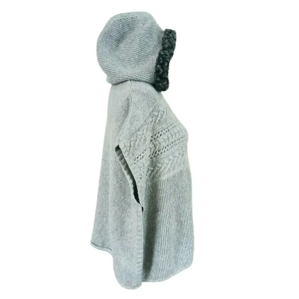 🥼👓Gap Kids XL Hoodie Poncho Cable Knit Heather Gray Faux Fur Trim Girls Winter